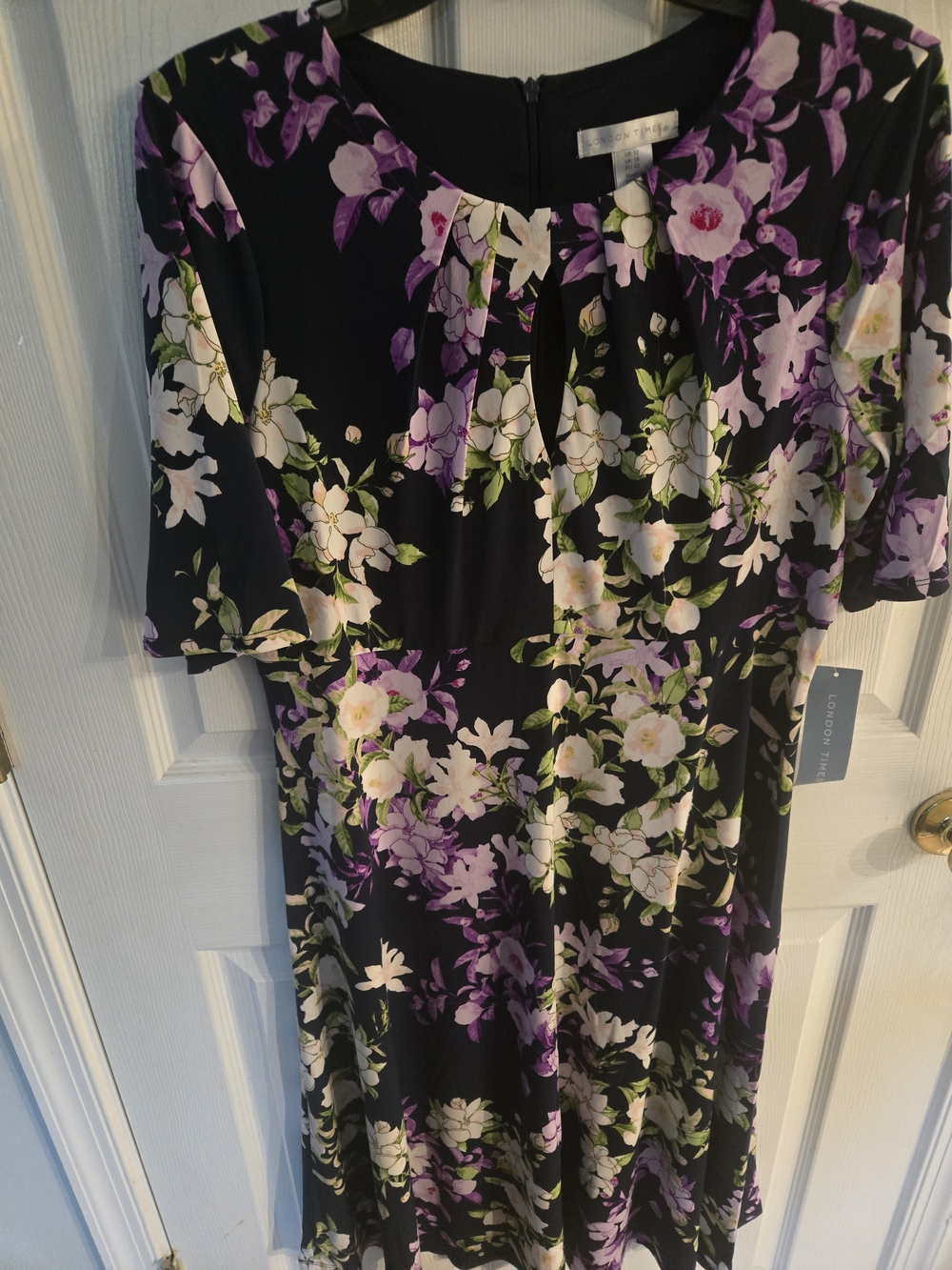 London Times Womens US 12 Navy Floral Dress Woth Purple And White Blooms. New